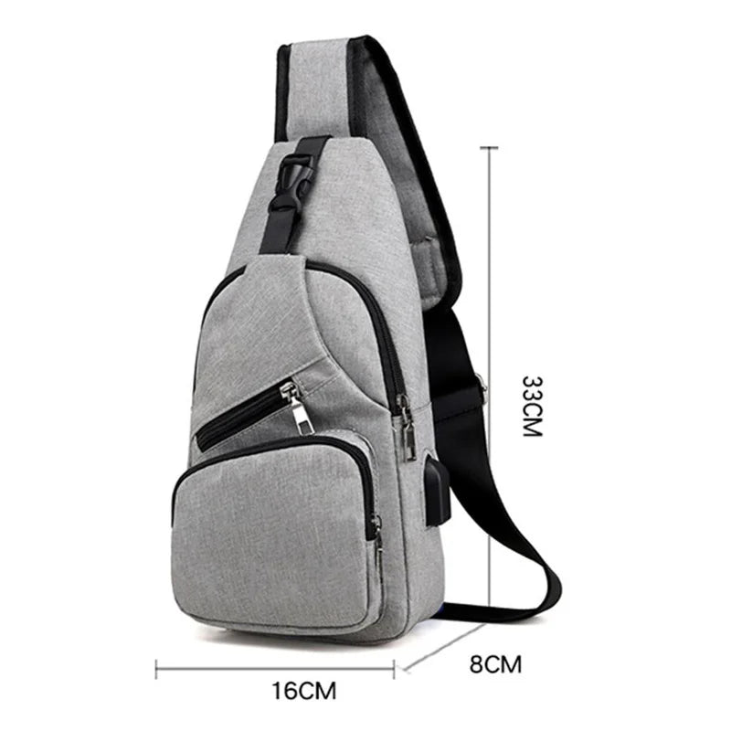 Men's Shoulder Bag Sling Chest Pack Canvas USB Charging Sports Crossbody Handbag