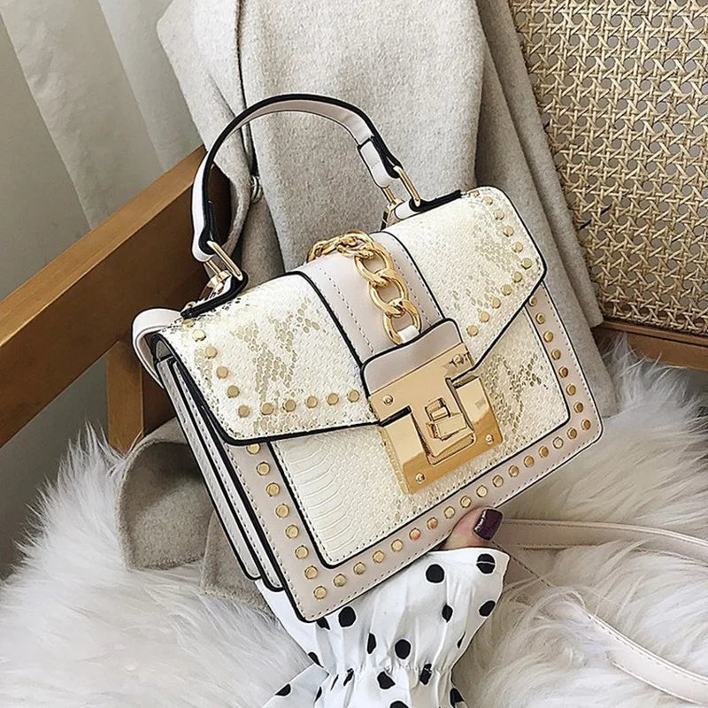 Snake Pattern Shoulder Bag Lock Small Square Portable Messenger Bag