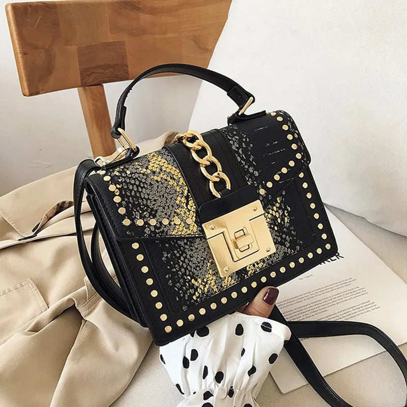 Snake Pattern Shoulder Bag Lock Small Square Portable Messenger Bag