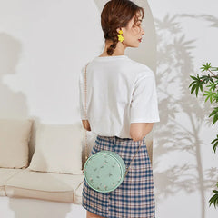 Embroidery Handbag Crossbody Bag Leaves Pattern Round Bag for Women