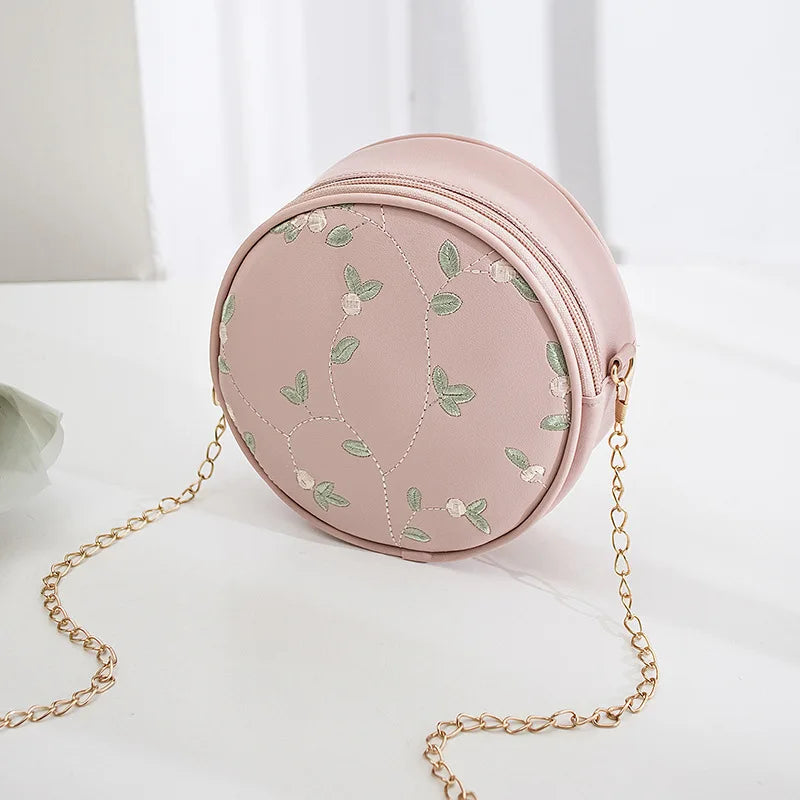 Embroidery Handbag Crossbody Bag Leaves Pattern Round Bag for Women