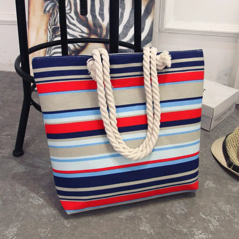Canvas Striped Shoulder Beach Bag Floral Messenger Shopping Tote Casual Big Bag