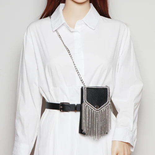 Rhinestone Tassel Flap Waist Packs Women PU Leather Belt Phone Wallet Bag