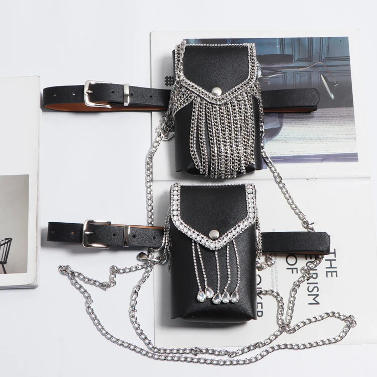 Rhinestone Tassel Flap Waist Packs Women PU Leather Belt Phone Wallet Bag