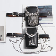 Rhinestone Tassel Flap Waist Packs Women PU Leather Belt Phone Wallet Bag