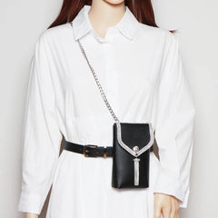Rhinestone Tassel Flap Waist Packs Women PU Leather Belt Phone Wallet Bag