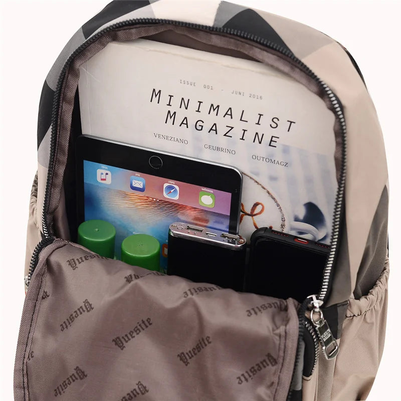 Women's Large-capacity Backpack Waterproof Nylon Plaid Bag