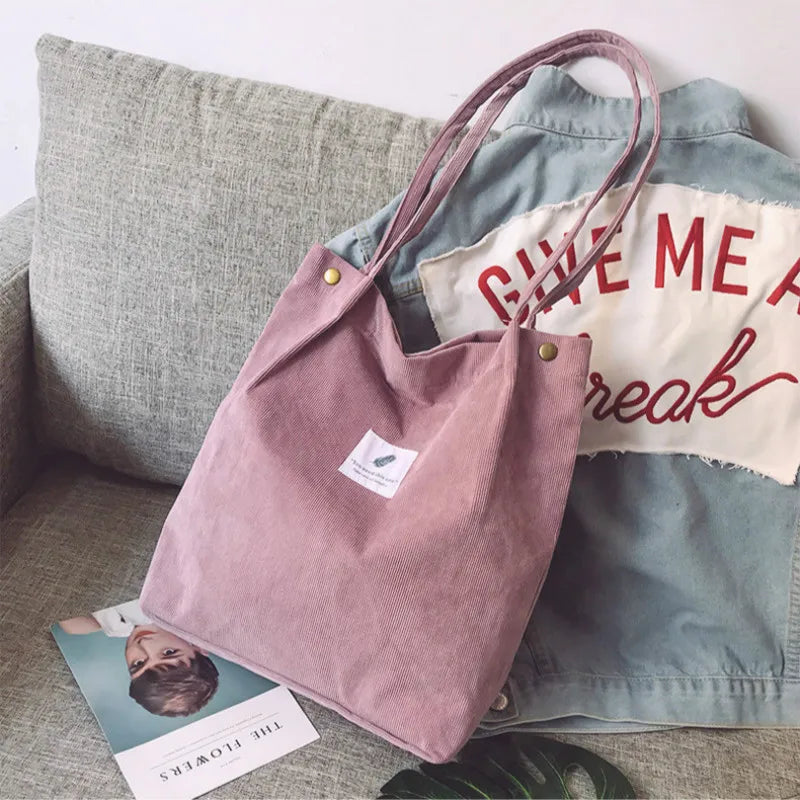 Corduroy Shoulder Bag Reusable Shopping Bags Casual Tote for Women