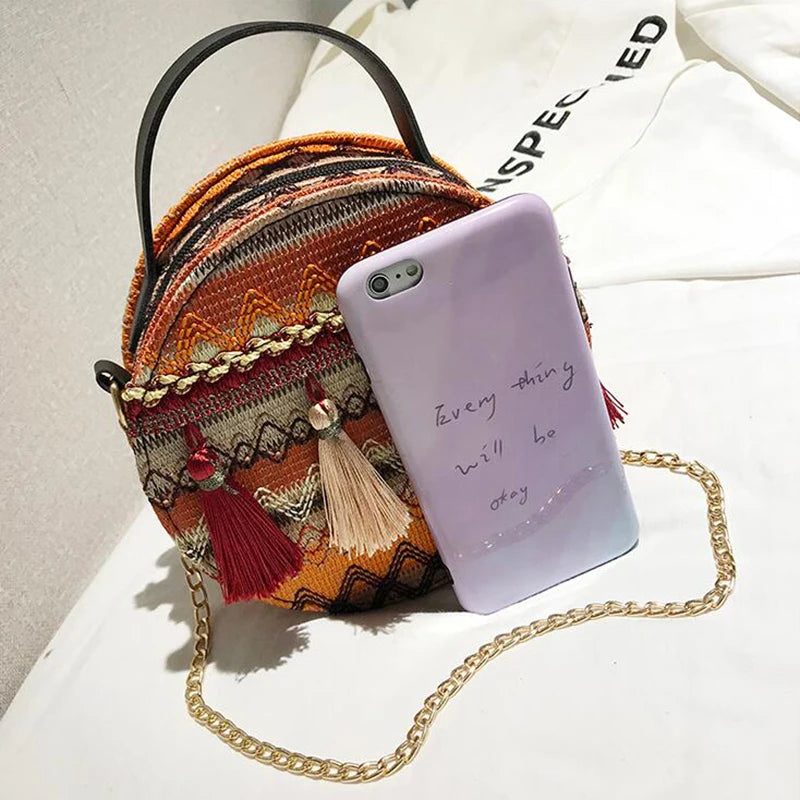 Embroidered Shoulder Bag with Tassel Handbag Chain