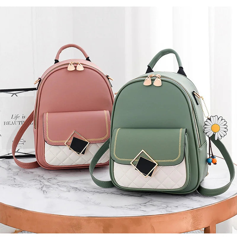 Women Backpack PU Leather Schoolbag Teenager Girls Preppy Style Solid