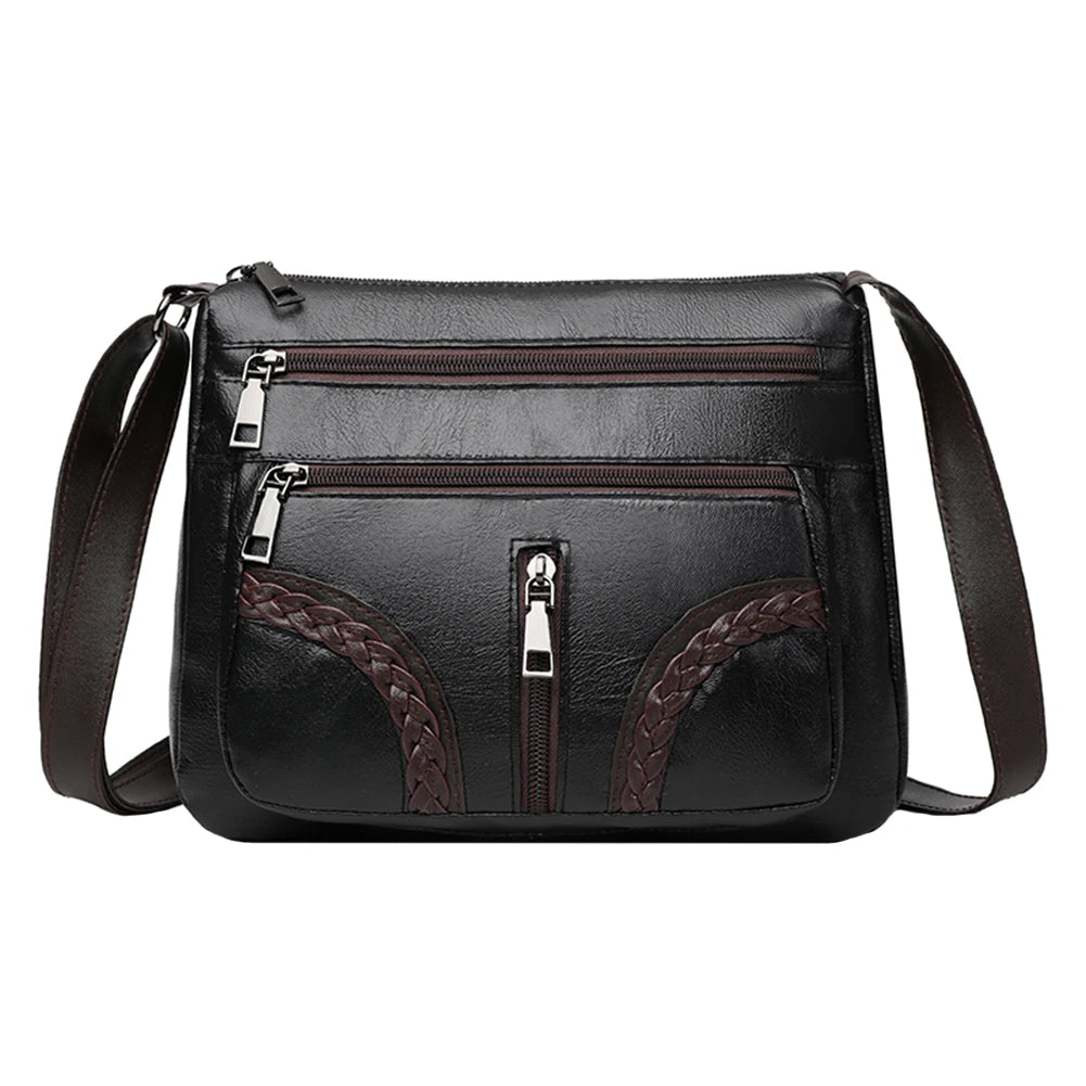 Women Braided PU Shoulder Messenger Bag Multi-pocket Solid Handbag