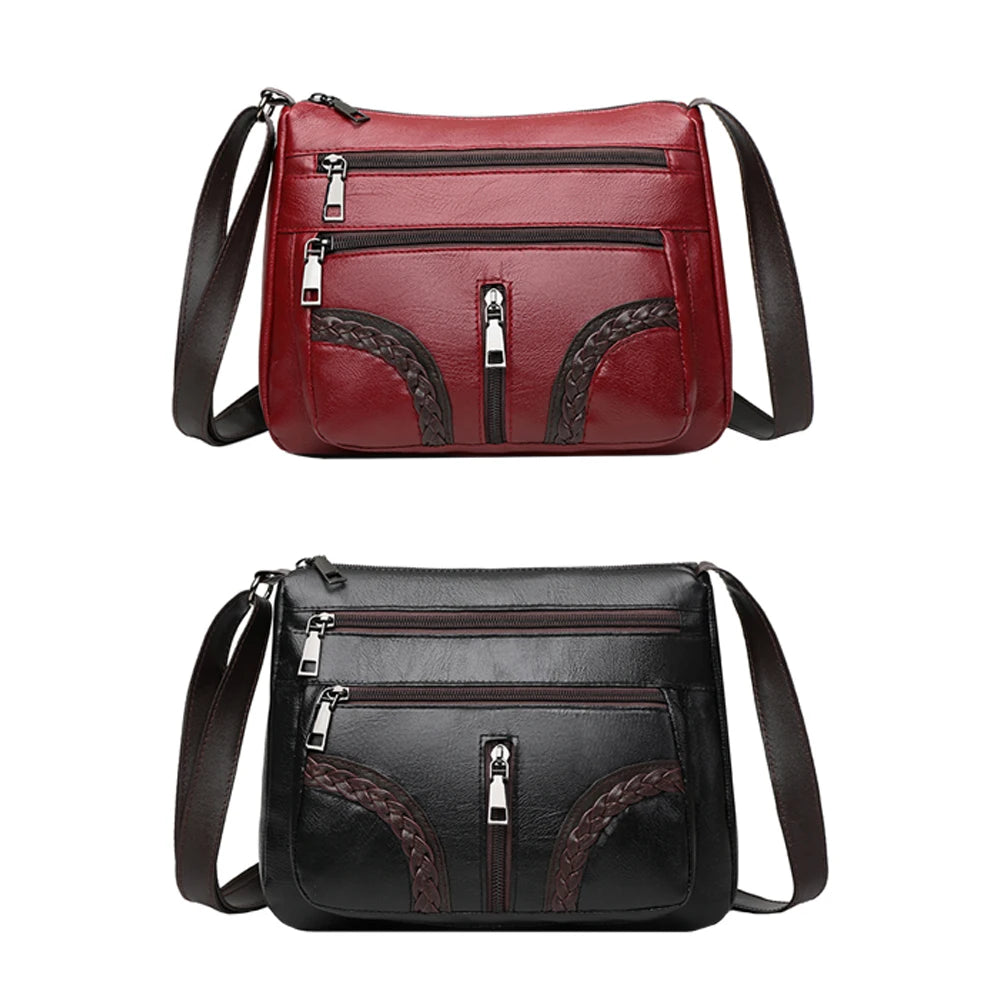 Women Braided PU Shoulder Messenger Bag Multi-pocket Solid Handbag