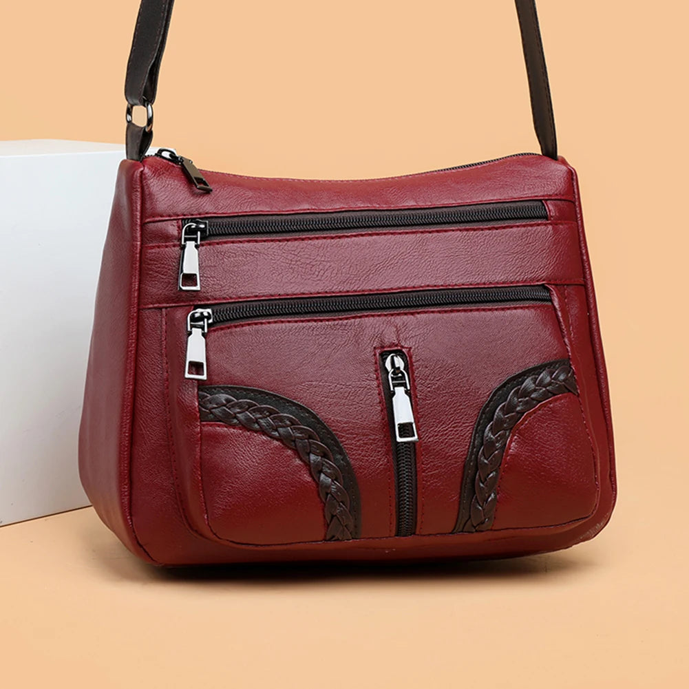 Women Braided PU Shoulder Messenger Bag Multi-pocket Solid Handbag