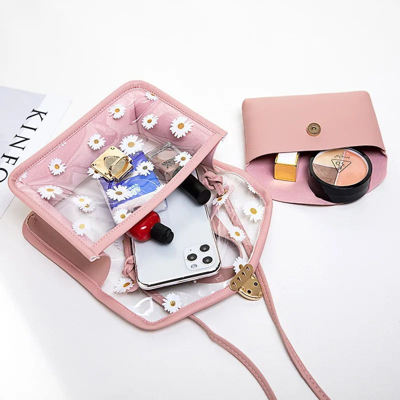 Women Transparent Daisy Pattern Shoulder Bag Chain Strap Messenger Handbag