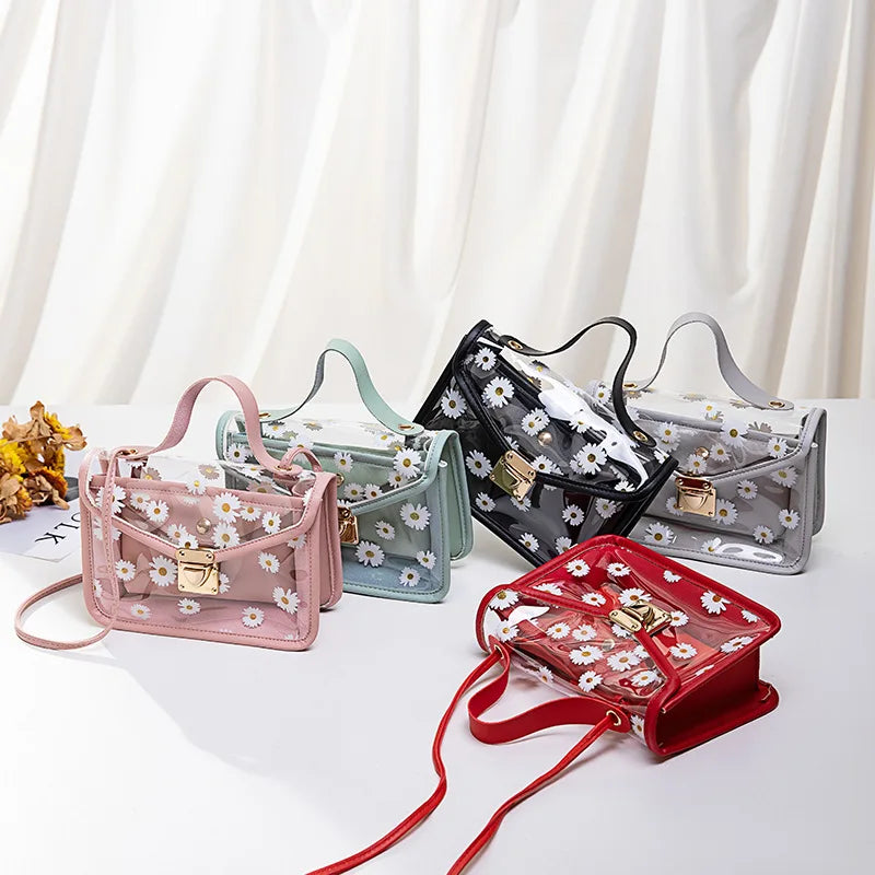Women Transparent Daisy Pattern Shoulder Bag Chain Strap Messenger Handbag