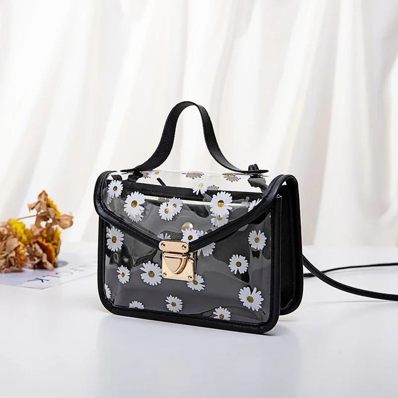 Women Transparent Daisy Pattern Shoulder Bag Chain Strap Messenger Handbag