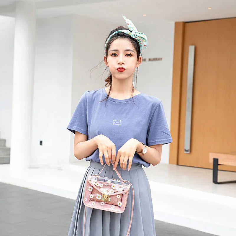 Women Transparent Daisy Pattern Shoulder Bag Chain Strap Messenger Handbag