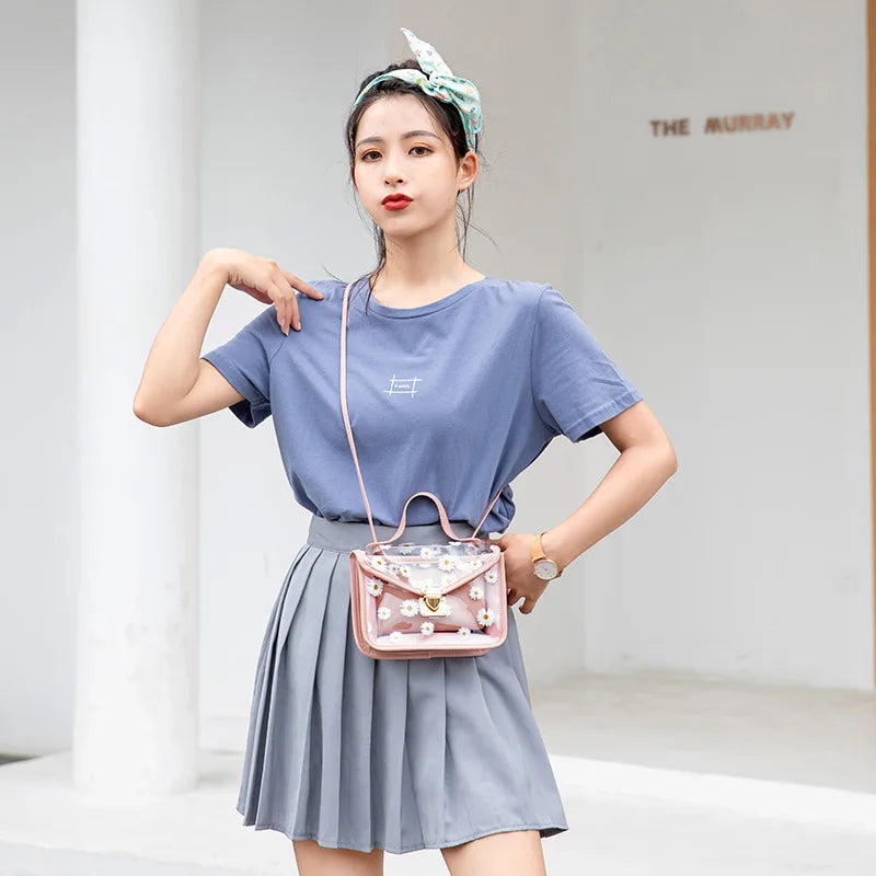 Women Transparent Daisy Pattern Shoulder Bag Chain Strap Messenger Handbag
