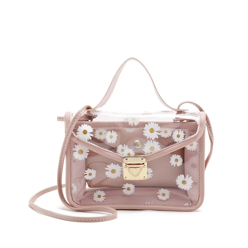 Women Transparent Daisy Pattern Shoulder Bag Chain Strap Messenger Handbag
