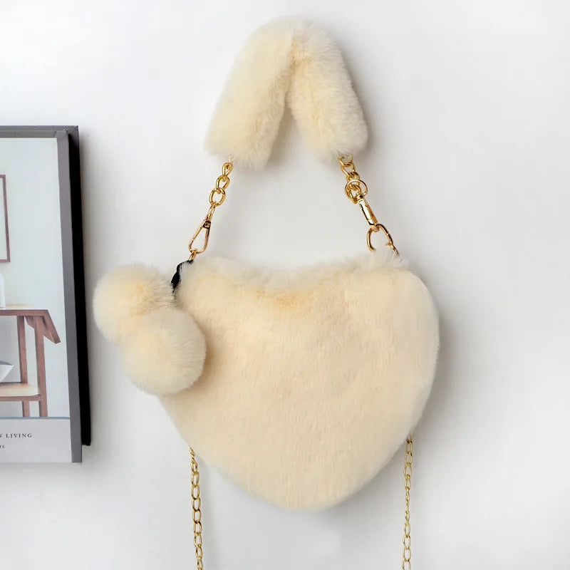 Faux Fur Heart Shaped Shoulder Bag Clutch Purse Chain Messenger Bag