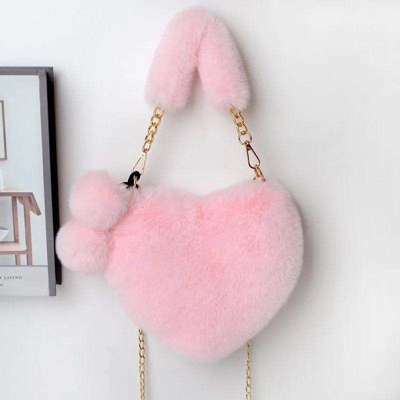 Faux Fur Heart Shaped Shoulder Bag Clutch Purse Chain Messenger Bag