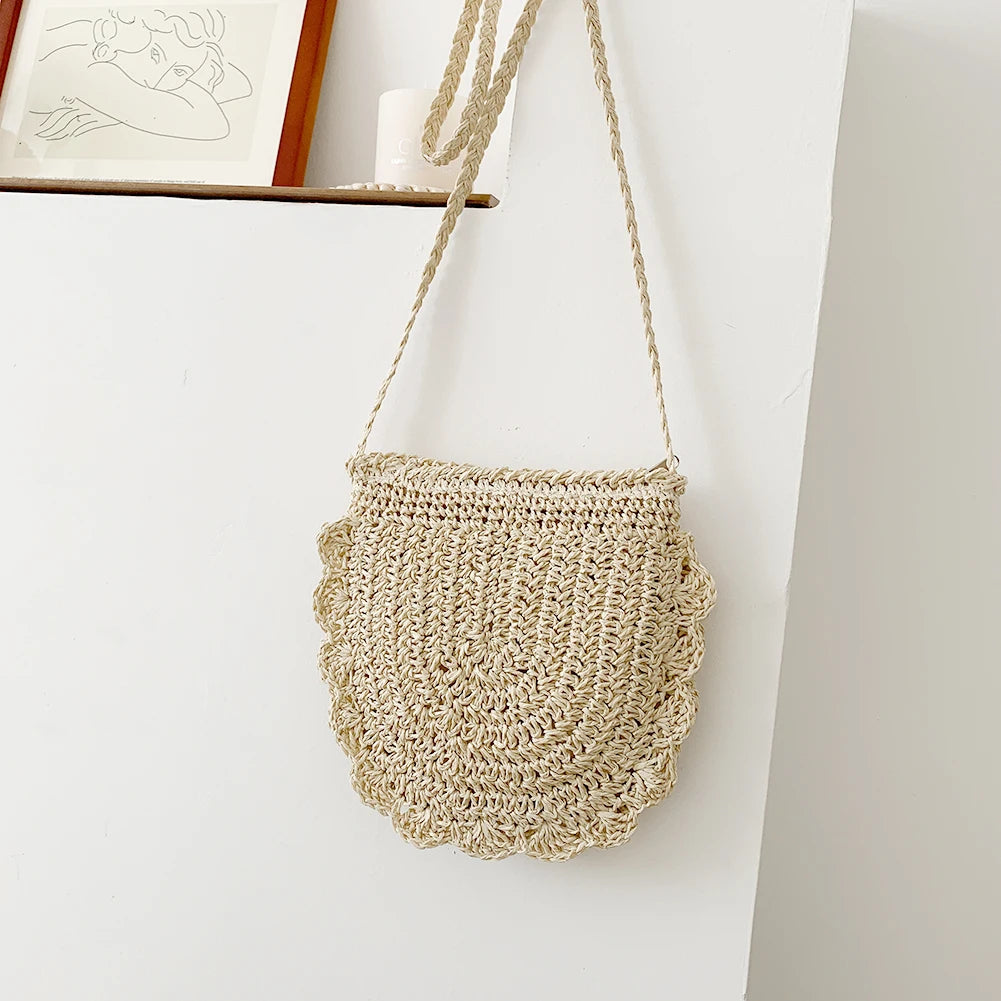 Vintage Woven Half Round Straw Beach Bag Bohemian Crossbody Rattan Bag