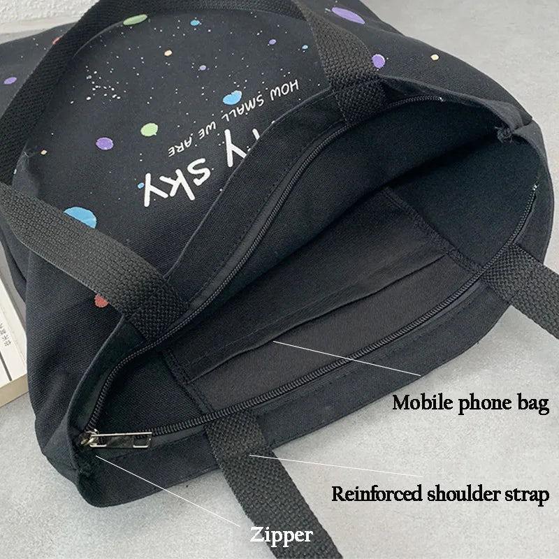 Japanese Style Starry Sky Canvas Tote Bag for Women