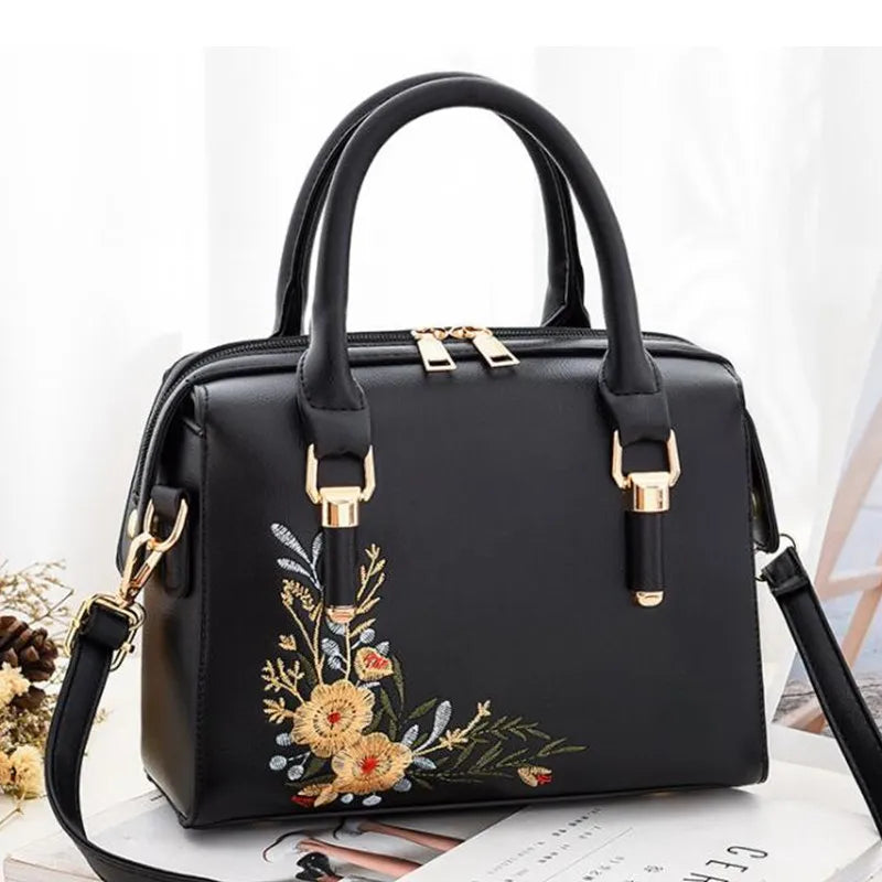 Floral Women PU Leather Boston Bags Female Handbags