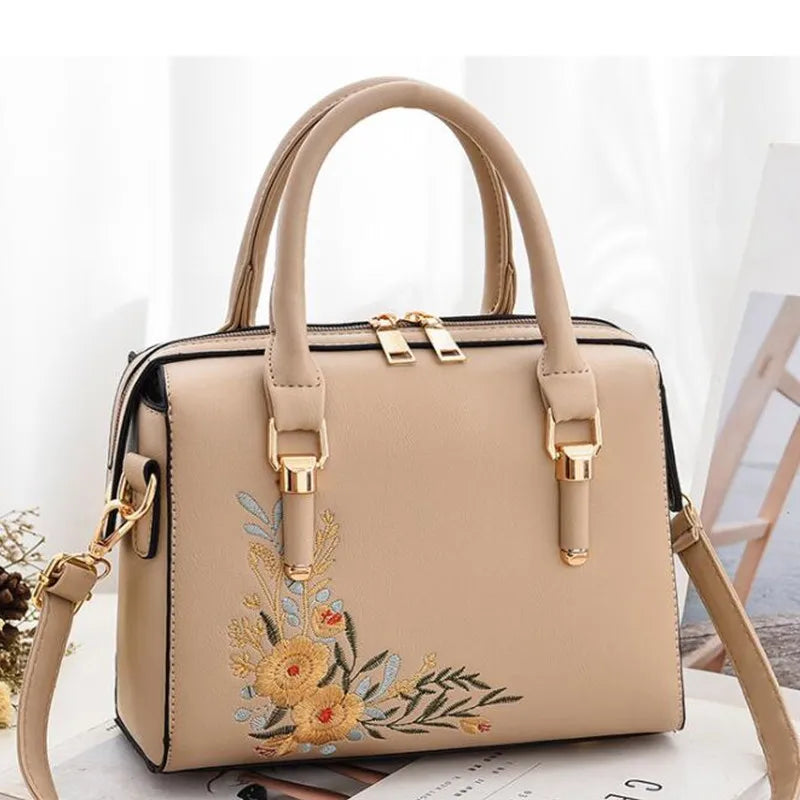Floral Women PU Leather Boston Bags Female Handbags