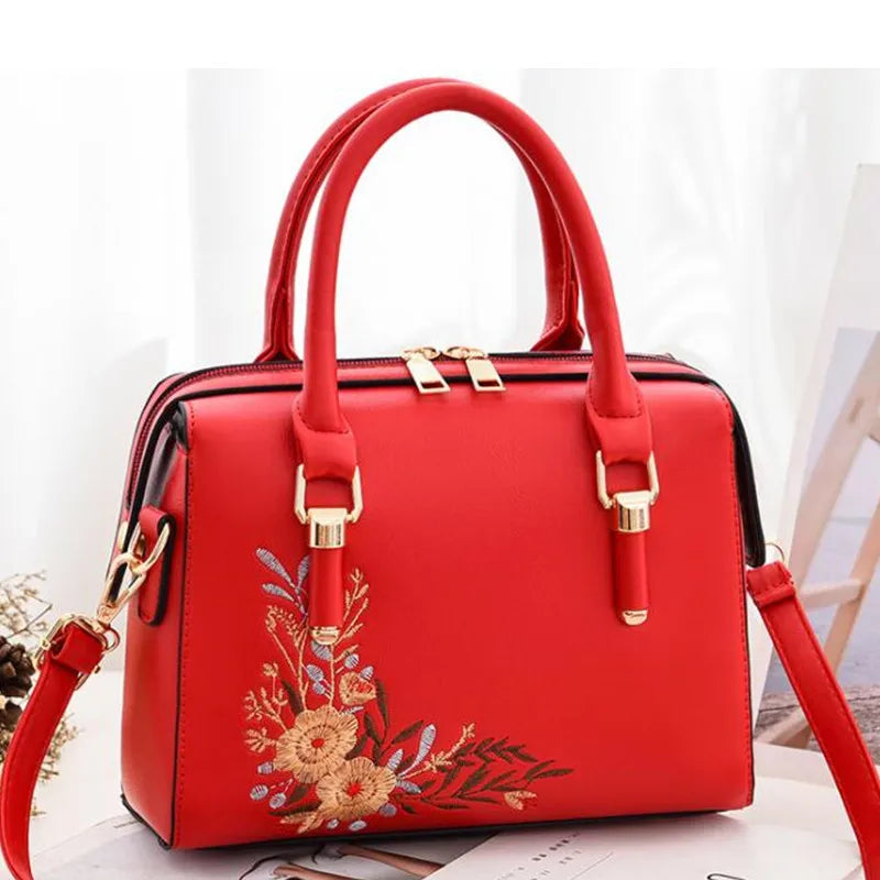 Floral Women PU Leather Boston Bags Female Handbags