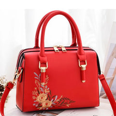 Floral Women PU Leather Boston Bags Female Handbags