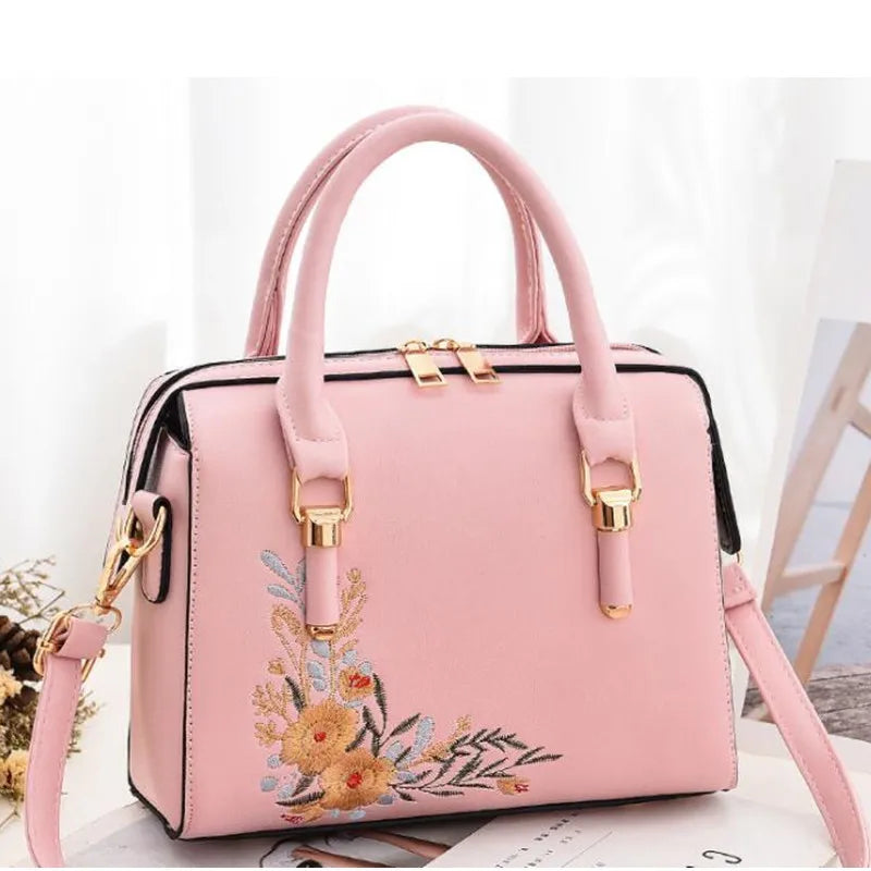 Floral Women PU Leather Boston Bags Female Handbags