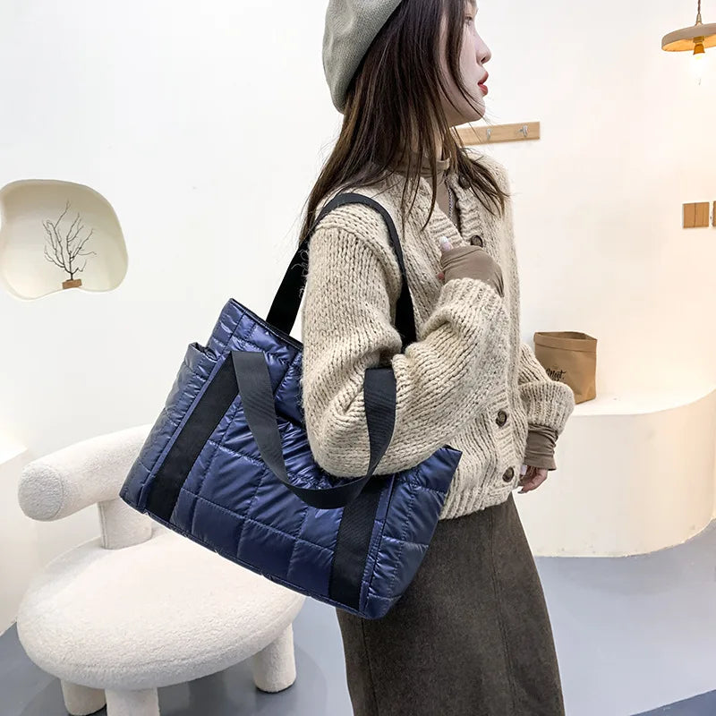 Winter Padded Duffel Bag Nylon Plaid Shoulder Tote