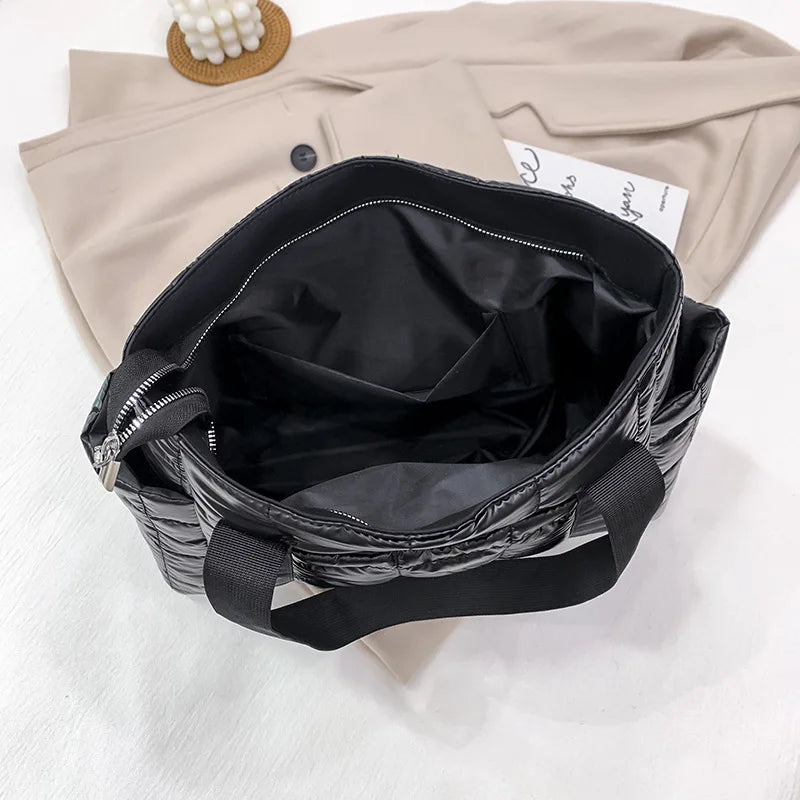 Winter Padded Duffel Bag Nylon Plaid Shoulder Tote