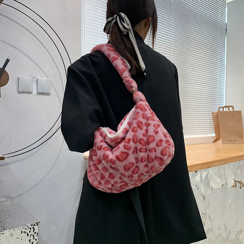Women Plush Flower Shoulder Bags Furry Tote Handbag