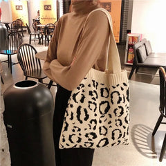 Japanese Style Knitted Leopard Shoulder Bag