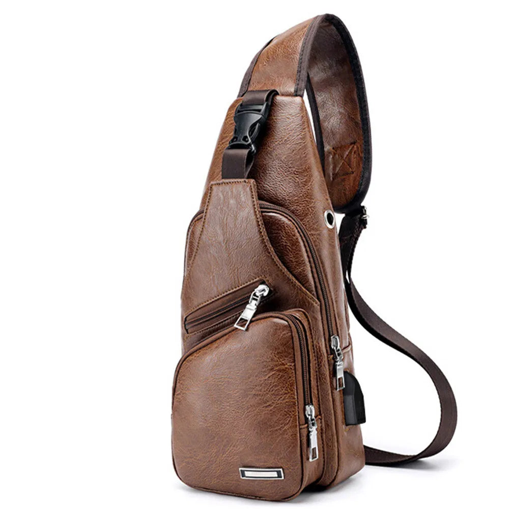 Men's USB Charging Chest Bag PU PVC Shoulder Cross Body Messenger Travel Bag