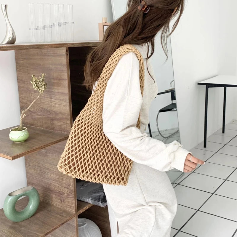 Cotton Thread Knit Women Handbag Ladies Net Hollow Out Tote Bag
