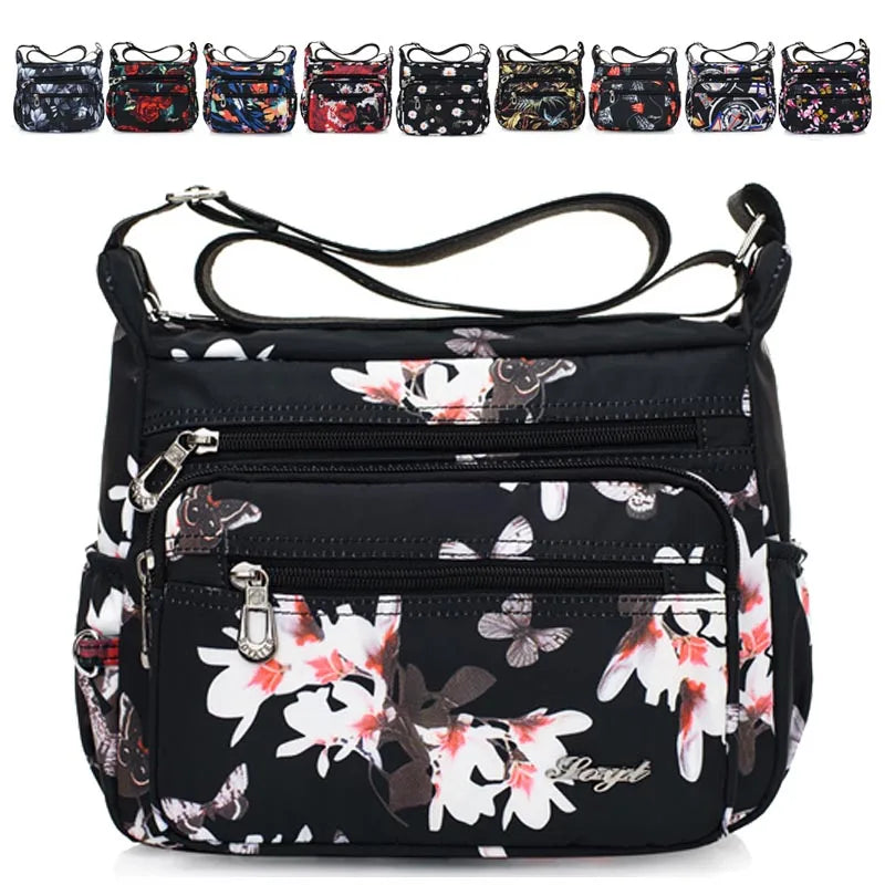 Women Flower Butterfly Printed Waterproof Nylon Shoulder Bags