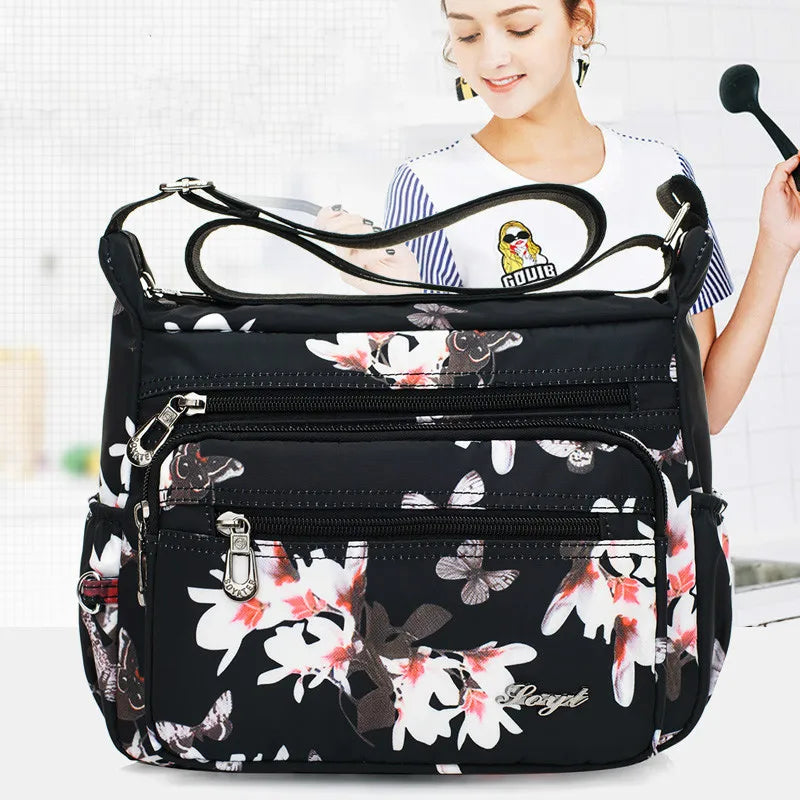 Women Flower Butterfly Printed Waterproof Nylon Shoulder Bags
