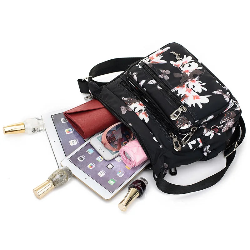 Women Flower Butterfly Printed Waterproof Nylon Shoulder Bags