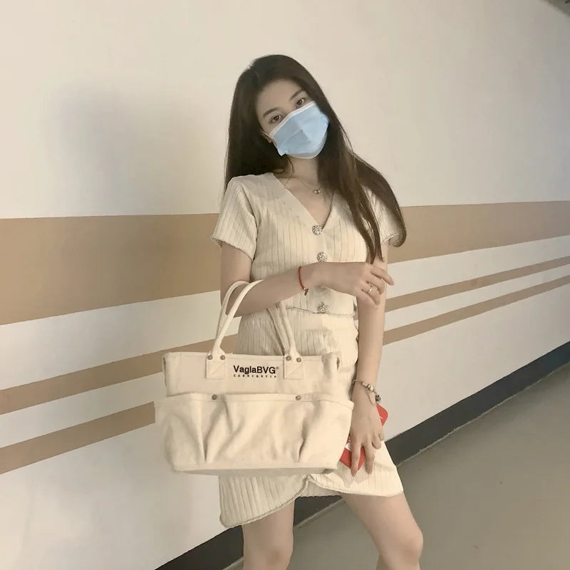 Canvas Tote Bag High-Capacity Shoulder Handbag Girls Small Fresh