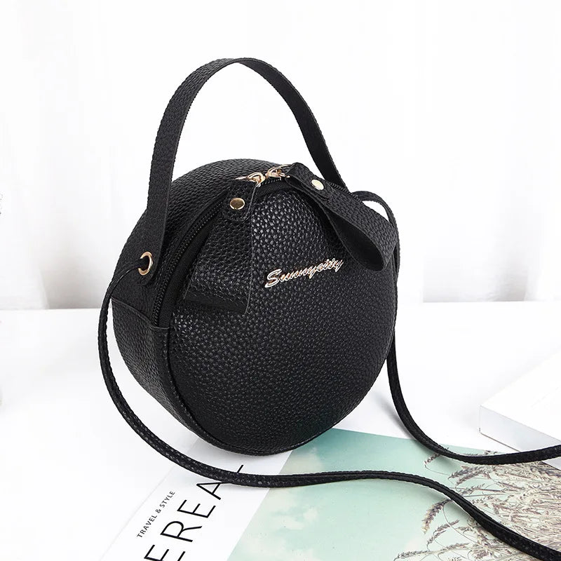 Women Circular Messenger Bag Mini Round Handbag PU Leather Crossbody Bag