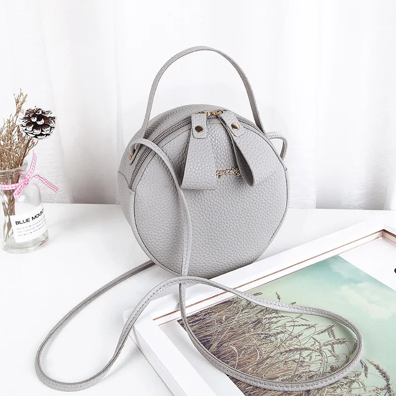 Women Circular Messenger Bag Mini Round Handbag PU Leather Crossbody Bag