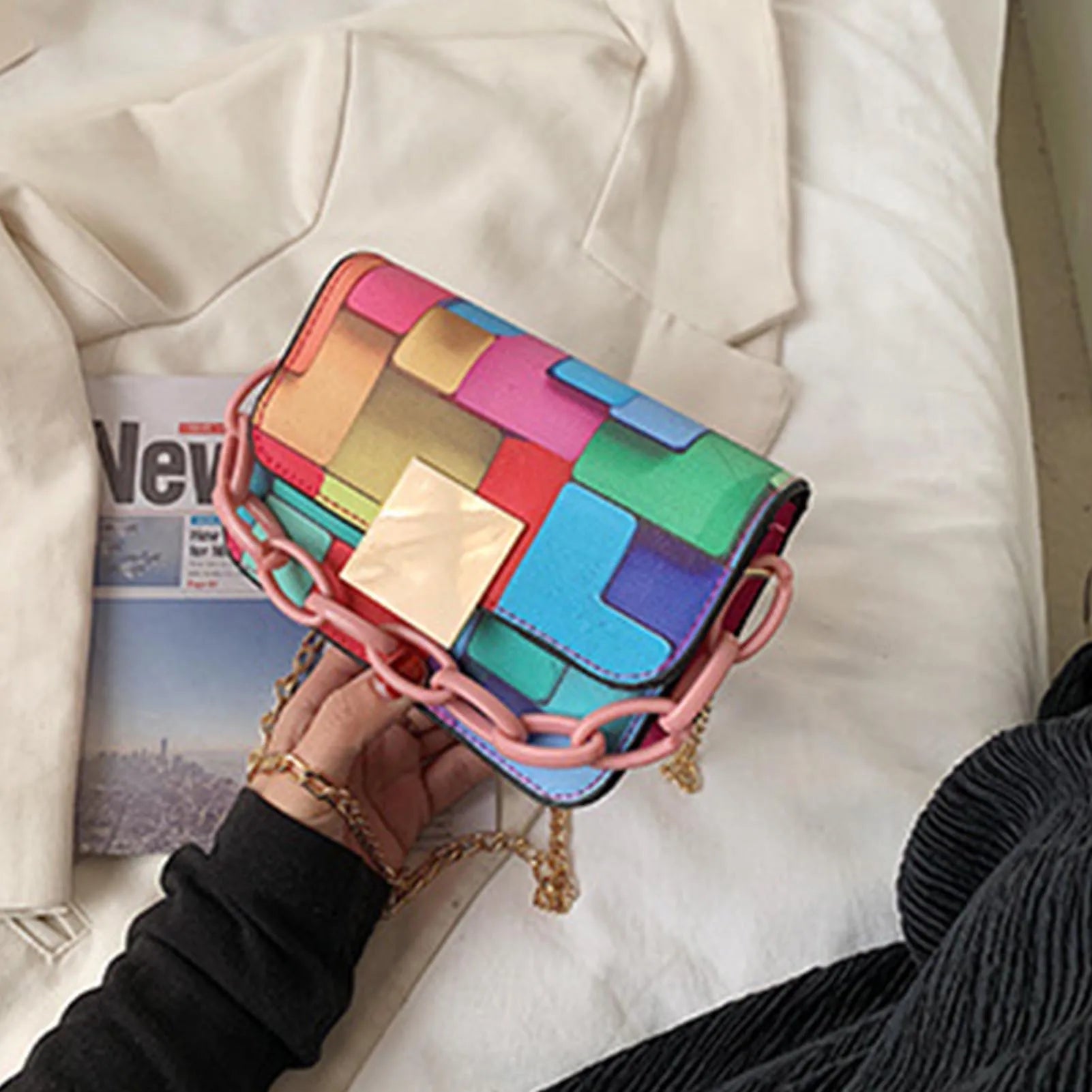 Retro Contrast Tote Handbag Small Clutch