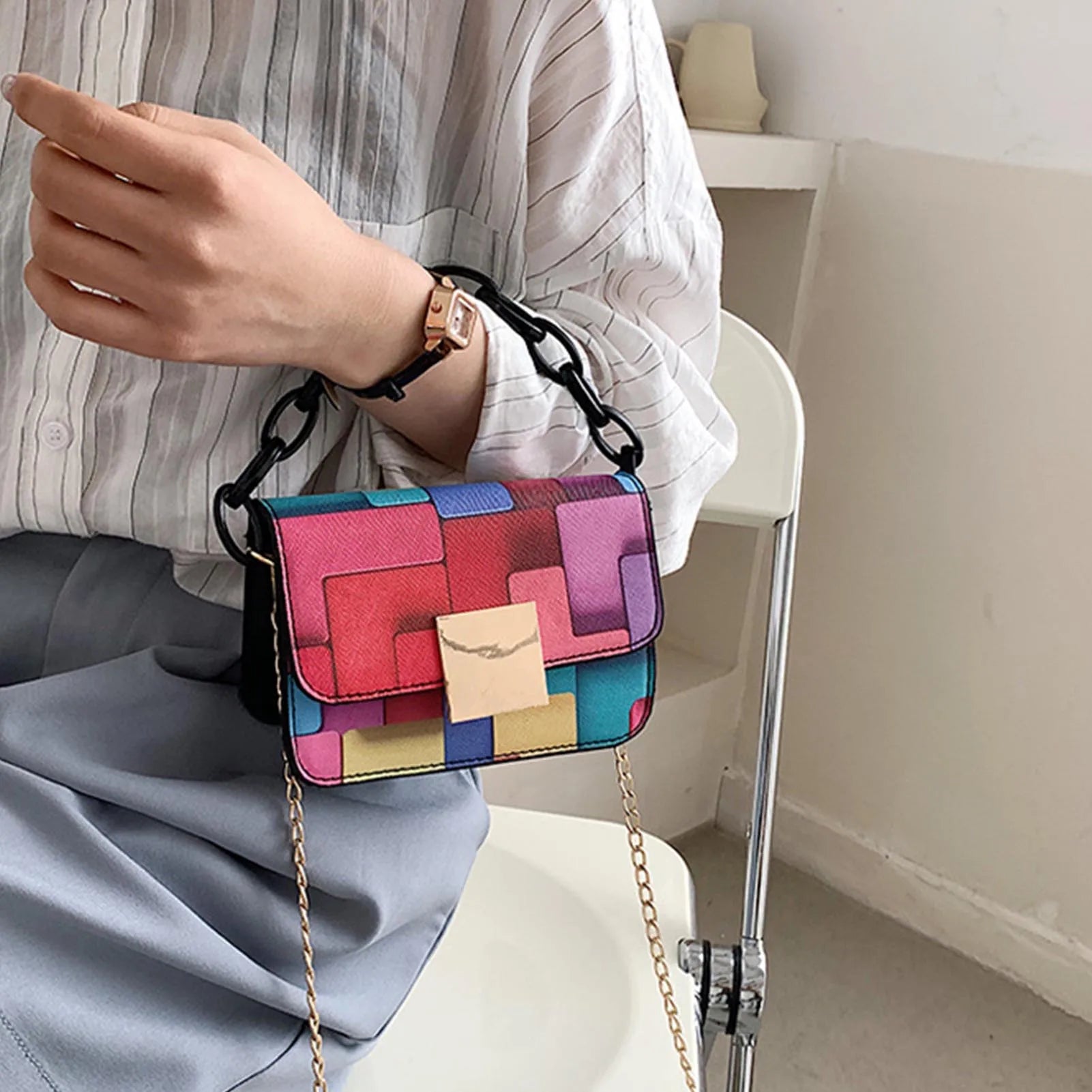 Retro Contrast Tote Handbag Small Clutch