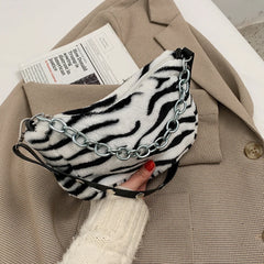 Winter Cow Print Plush Shoulder Bag for Women Crossbody Warm Fur Fluffy Bag