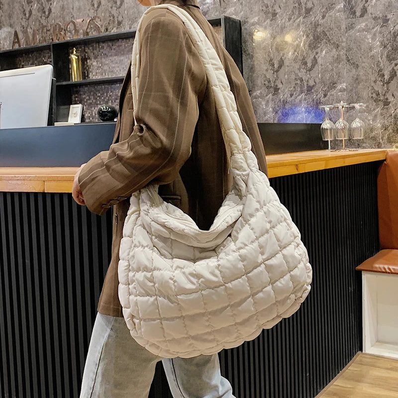 Winter Soft Down Fabric Shoulder Bag Lattice Pattern Women's Capacity Tote