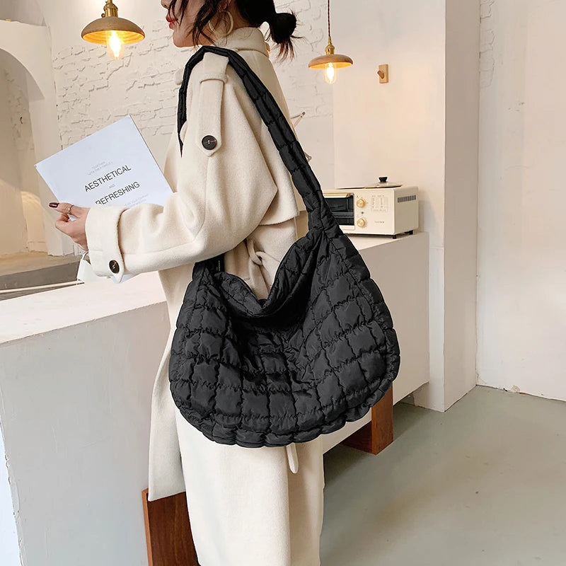 Winter Soft Down Fabric Shoulder Bag Lattice Pattern Women's Capacity Tote