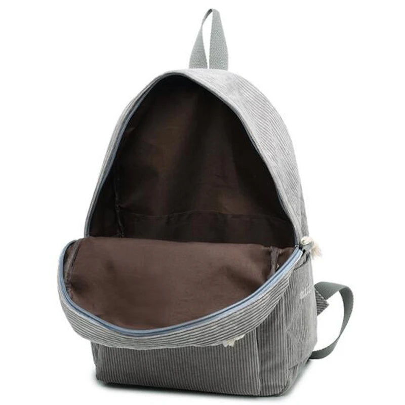Corduroy School Backpack for Teen Girls Striped Rucksack
